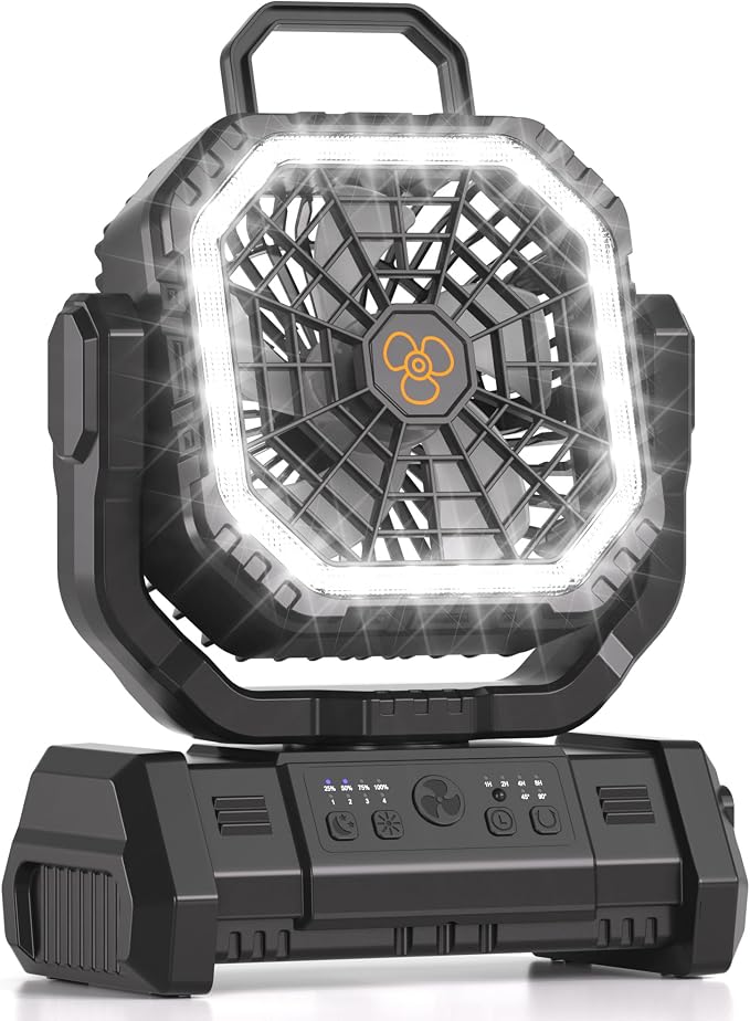 Portable Rechargeable Fan 20000mAh, Battery Powered Camping Fan with LED Light& Remote,4 Speeds Wind,USB,Cordless,Oscillating,Timer for Travel Tent,Rv Camping Essentials (Black)