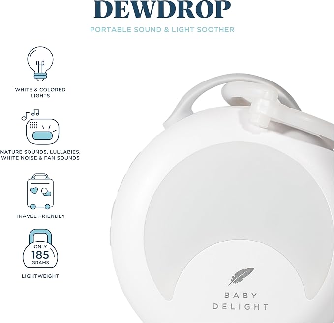 Baby Delight Dewdrop White Noise Sound Machine | Portable Travel Nightlight | 30 Sleep Sounds | Lullabies, Nature Sounds, White Noise & More | 8 Light Colors | Voice Recorder | Rechargeable
