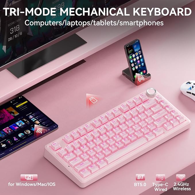 SOLAKAKA A75 Wireless Gaming Keyboard with Multifunction Knob, BT5.0/2.4GHz/USB-C, 75% Mechanical Keyboard, Hot-Swappable, Gasket Creamy Keyboard with RGB Backlit, Crystal Keycaps, for PC/Mac/PC