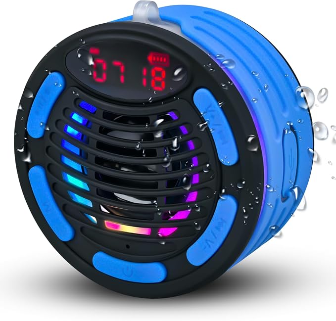 IPX7 Waterproof Portable Bluetooth Speaker with Digital Watch, for Shower, Pool, Beach, Bike, Includes MTB Handlebar Holder, Suction Cup & Carabiner, RGB Lights, FM Radio, USB-C - Gifts