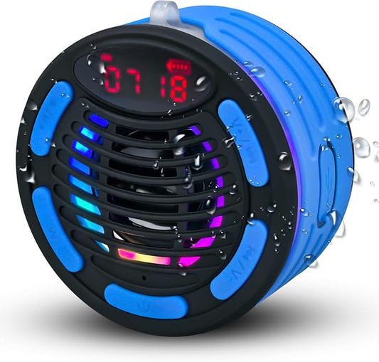 IPX7 Waterproof Portable Bluetooth Speaker with Digital Watch, for Shower, Pool, Beach, Bike, Includes MTB Handlebar Holder, Suction Cup & Carabiner, RGB Lights, FM Radio, USB-C - Gifts