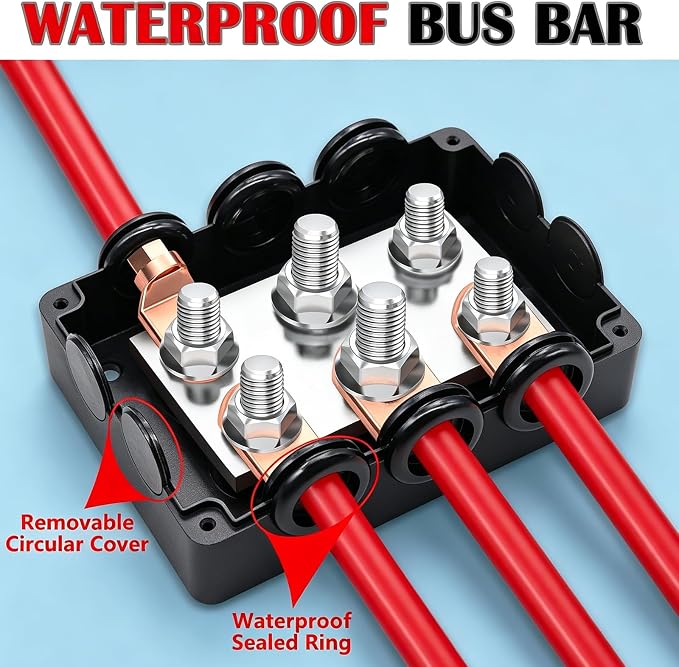 500A Marine Bus Bar Heavy Duty Power Distribution Block, Battery Busbar, Waterproof Automotive Buss Bar with 4X 5/16" (M8) +2X 3/8" (M10) Studs for Car, Boat and Solar Wiring (Black+Red)