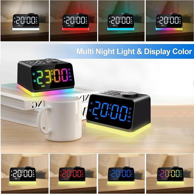 JALL Digital Alarm Clock with FM Radio for Bedroom, 8 Colors Night Light with 2 Charging Port, Sleep Sound Machines with Timer, Dual Alarm, Loud Alarm and Easy to Use for Seniors as Gift