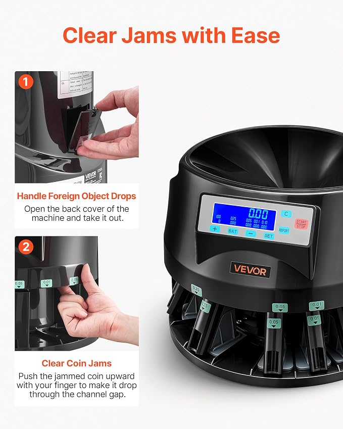 VEVOR Coin Counter Machine, 5 Denominations, Accurate Coin Sorter Machine, Sorts Up to 225 Coins Per Minute, USD Change Counter with LCD Display, Smooth Operation, Batch Feature, Holds 1500 Coins