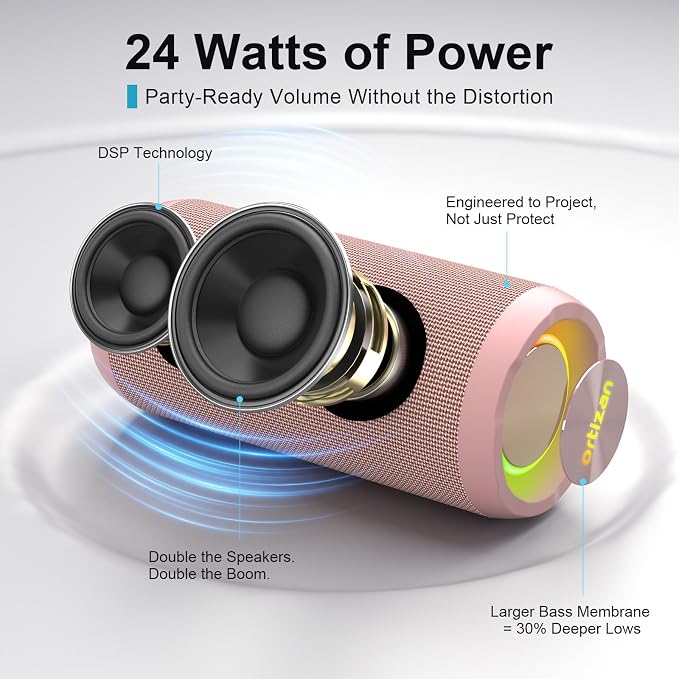 Ortizan Wireless Portable Bluetooth Speaker, IPX7 Waterproof, Dustproof and Rustproof, Powerful 24W Sound, Enhanced Bass, 30 Hour Battery, 360° Party Light, and Stereo Pairing (BT 5.3), Gifts - Pink