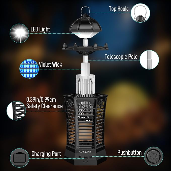 Bug Zapper Outdoor 2026, Portable Electric Mosquito Killer with Camping Light, Cordless USB Rechargeable Bug Zapper Fly Zapper Trap for Fishing, Hiking, Camping, Patio, Home