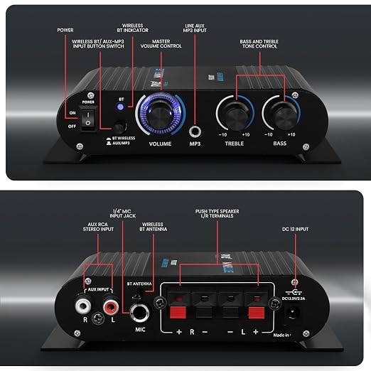 Pyle Wireless Bluetooth Home Audio Amplifier - 90W Dual Channel Mini Portable Power Stereo Sound Receiver w/ Speaker Selector, RCA, AUX, LED, 12V Adapter - For Smartphone PA, Studio Use - PFA330BT