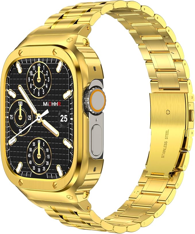 MioHHR Stainless Steel Watch Band with Case Compatible with Apple Watch Ultra3 2 1(49mm), Rugged Strap with Metal Protective Bumper Cover for iWatch Band Men(Gold)