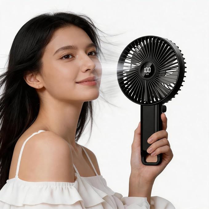 Portable Foldable Fan Handheld USB Rechargeable Fan with 6 Inch Large Blade, 5 Speeds, LED Display, 180° Foldable, Battery Powered Desk Fan for Travel Office Camping Outdoor