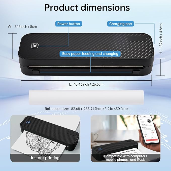 Portable Printer for Travel Bluetooth,Inkless Travel Printer,supports thermal US Letter & A4 & A5 & A6 & A7 & Receipt paper,Compatible with Phone & Laptop and Tablet,with 3 thermal paper rolls.
