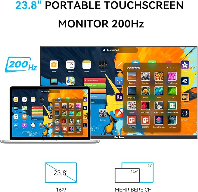 Prechen 23.8" 200hz Portable Touchscreen Monitor 99% sRGB VA FHD 1080P, VESA, Built-in Speaker, w/90°Adjustable Stand USB-C HDMI External Second Touch Screen Display for Laptop/PC/Phone