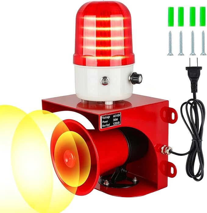 AC110V Industrial Siren Alarm Strobe Light-120dB Loud Horn&Waterproof Red Beacon Warning Light for Emergency,Factory,Fires,Tornado,Intruder Deterrent (AC110V Red Light (Switch,0-120dB))