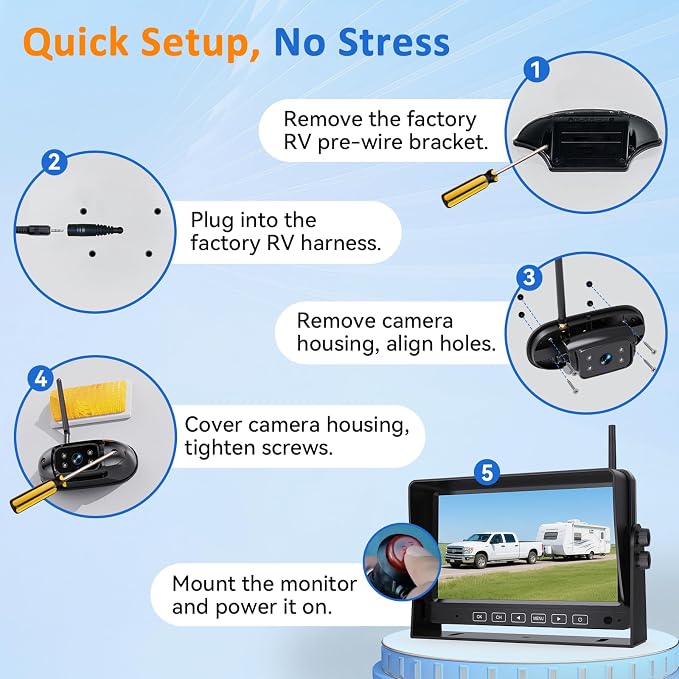 HD 1080P RV Backup Camera Wireless Easy Install: Plug and Play 7'' DVR 4-Channels Split Screen for Furrion Pre-Wired RVs System - AI Motion Detection Rear View Camera Clear Night Vision to 32ft