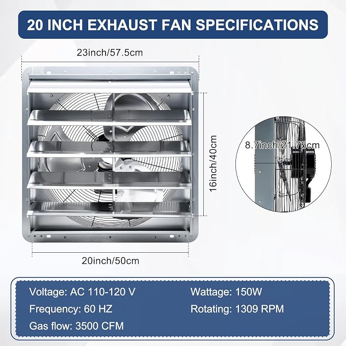 Criditpid 20 Inch Wall Mounted Shutter Exhaust Fan with ON/OFF Switch, High-Speed, Low-Noise Pure Copper Motor, Wall Exhaust Fan for Gable, Shed, Garage, Greenhouse, Kitchen, Attic, 3500 CFM, 1309 RPM