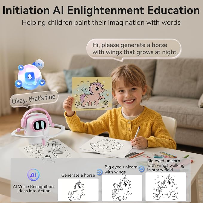 AI Drawing Robot for Kids, 10000+ Free AI-generated Images,Regularly updated image library,Educational Learning Toys for Boys & Girls Ages 3-8 ,AI Enlightenment Painting Toy for Birthday Gift (Pink)