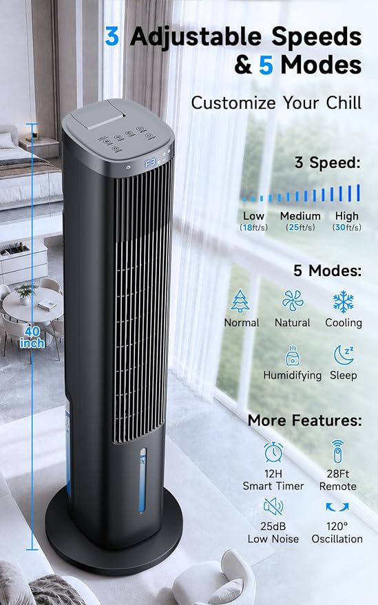 Windowless Portable Air Conditioner w/ 5 Mode&3 Speed, 12H Timer, 120° Oscillating Evaporative Air Cooler, LCD Touch Control & 28FT Remote, 4L Water Tank Swamp Cooler Air Conditioner for Room