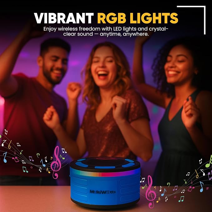 IPX7 Waterproof Portable Bluetooth Speaker with Digital Watch, for Shower, Pool, Beach, Bike, Includes MTB Handlebar Holder, Suction Cup & Carabiner, RGB Lights, FM Radio, USB-C - Gifts
