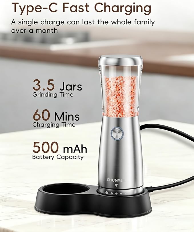 Electric Salt and Pepper Grinder Set - Automatic Stainless Steel Rechargeable Salt and Pepper Grinder Set with Storage Base, Large Capacity, LED Light & Adjustable Coarseness, Ideal Kitchen Gadget