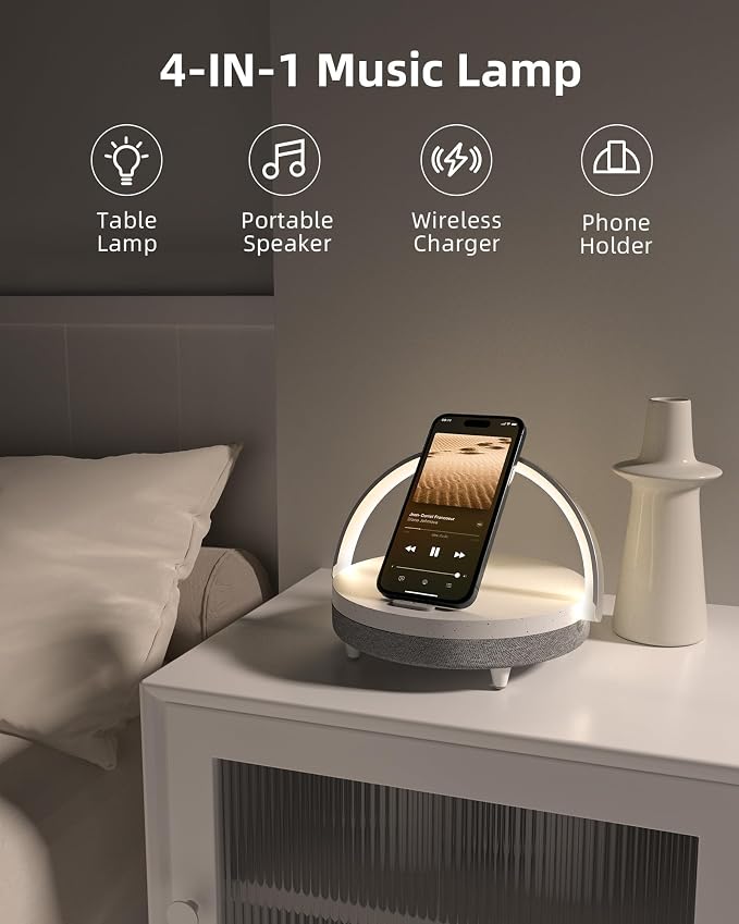 EZVALO Gifts for Women, 4-in-1 Bedside Lamp with Bluetooth Speaker, Dimmable Night Light, Charging Station and Phone Holder, Birthday Gifts for Mom, Daughter, Wife and Friends
