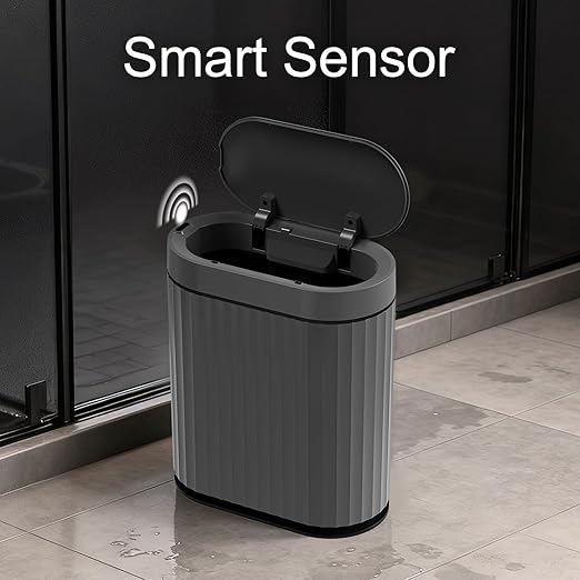ELPHECO Bathroom Motion Sensor Trash can, 2 Gallon Automatic Garbage Can, Slim Plastic Smart Trash Can with Lid, Commercial Intelligent Trash Bin for Bedroom, Bathroom, Office, Cement Grey Black