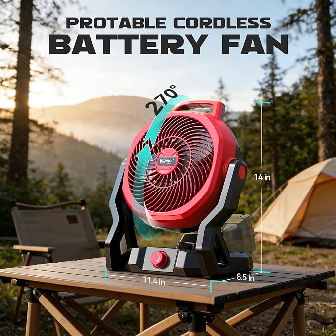 Ecarke 10" Portable Floor Fan Compatible with Milwaukee 18V Battery (Tool Only) AC Power 3500RPM High Airflow Cordless Fan with Hook 3-Speed Quiet Operation for Jobsite Camping Tent