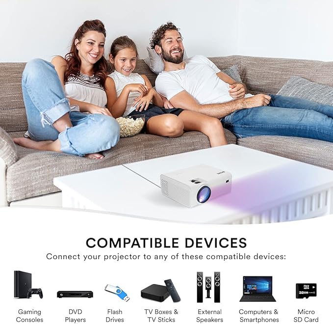 Core Innovations Mini Projector Portable Home Theater Projector, 150"" Display, HDMI USB VGA Compatible Movie Projector for Bedroom, Indoor & Outdoor Use, Built-in Speaker, Remote Control (White)