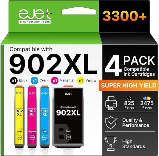902XL Ink Cartridges for HP Printers Replacement for HP 902XL Ink Cartridges Combo Pack Work with Officejet Pro 6978 6968 6970 6975 Officejet 6958 6956 6954 Printers (4 Pack:Black Cyan Magenta Yellow)