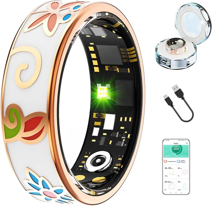 Smart Ring for Women & Men,Fitness Tracker with Heart Rate,Blood Oxygen,Blood Pressure,Sleep Monitoring,Step Counting,IP68 Waterproof,Rose Gold+White 12# for iPhone/Android,No Subscription
