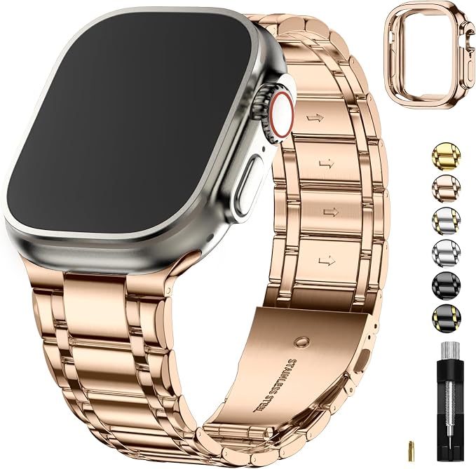 Fullmosa Bands Compatible with Apple Watch Band 49mm Ultra3 2 1, Stainless Steel iWatch Band with Case for Apple Watch, Rose Gold