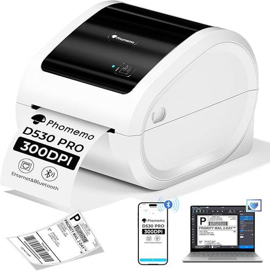 Phomemo Ethernet Thermal Label Printer, 300Dpi Shipping Label Printer for Small Business, Home, Office, Wireless Thermal Printer Compatible with Ethernet/Bluetooth/USB, UPS, USPS, White