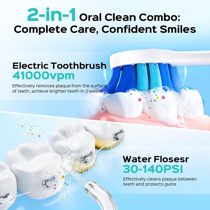 COSLUS C51C30 Electric Toothbrush with Water Flosser Combo: Portable Oral Clean Kit for Teeth Brushing & Flossing, Multiple Modes for Multiple Users, Cordless for Home & Travel Use, Pink