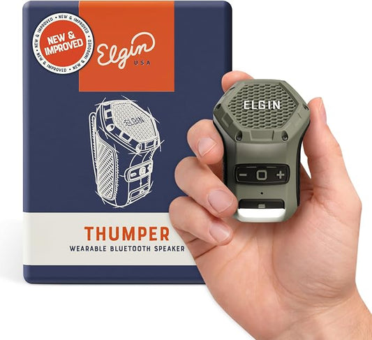 Elgin Thumper Mini Wearable Bluetooth Speaker, 35-Hour Battery Life, 50 ft Wireless Range, Water-Resistant, Magnetic Mount & Clip-On Design with LED Work Light for Jobsite, Outdoor & Everyday Use