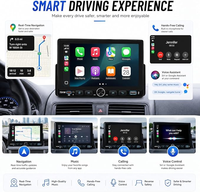 7" Single Din Car Stereo with Wireless Apple CarPlay,IPS Touchscreen,Bluetooth 5.2 Car Radio with Backup Camera,FM/AM/RDS,Android Auto,SWC,GPS Navigation,USB,Type-C Fast Charging,MIC