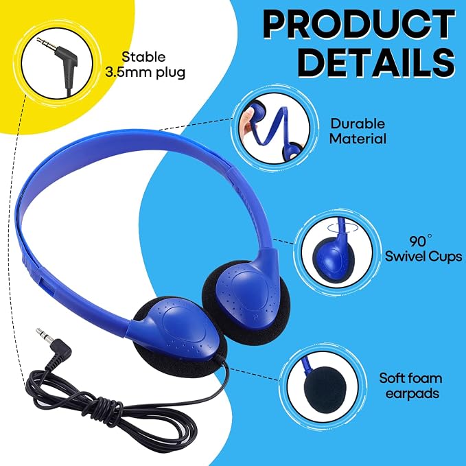 Classroom Headphones Bulk 6 Pack for School Kids Student,Affordable Wired On Ear Headset with 3.5mm Plug for Children Toddler Teens Boys Girls and Adult(GS857,Mixed)