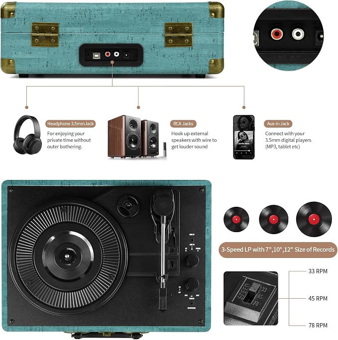 Vinyl Record Player 3-Speed Bluetooth Suitcase Portable Belt-Driven, Supports Bluetooth, RCA Output, 3.5mm aux-in and Headphone Jack and MP3, Mobile Phones Music Playback