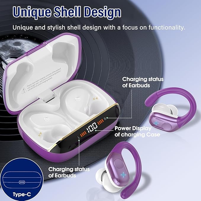 Qecnato Wireless Earbuds Bluetooth 5.4 Headphones 75H Stereo Deep Bass Sports Over Ear Buds with Earhooks, LED Display Bluetooth Earbuds with 4 ENC Mic, IP7 Waterproof Earphone for Running,Dark Purple