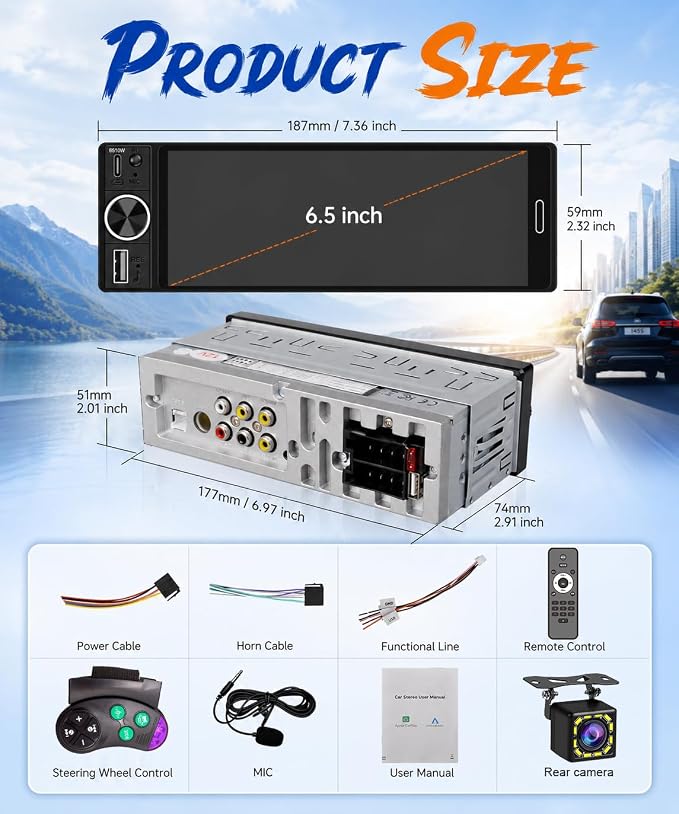6.5" Wireless Single Din Car Stereo with Apple CarPlay, 720x1280 HD in-Cell Touchscreen, FM Radio with Bluetooth 5.2, USB & Type-C Fast Charging, SWC, Backup Camera, Android Auto, Hands-Free with Mic