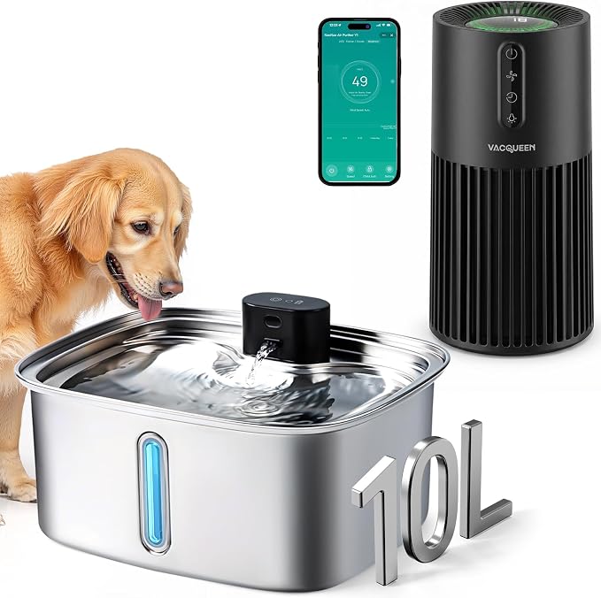 Air Purifiers for Bedroom, Smart WiFi HEPA Air Purifier for Home Pets, Smart Dog Water Bowl Dispenser Large, 10L/ 338Oz Smart Dog Water Fountain Stainless Steel with APP Monitoring