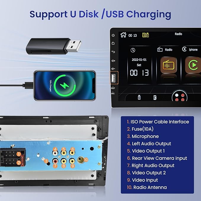 Single Din CarPlay & Android Auto Car Radio, 9-Inch Touch Screen Car Stereo with Bluetooth, Mirror Link, FM/AM Audio, GPS, USB,EQ,Backup Camera Input & SWC+MIC, Car Multimedia Player