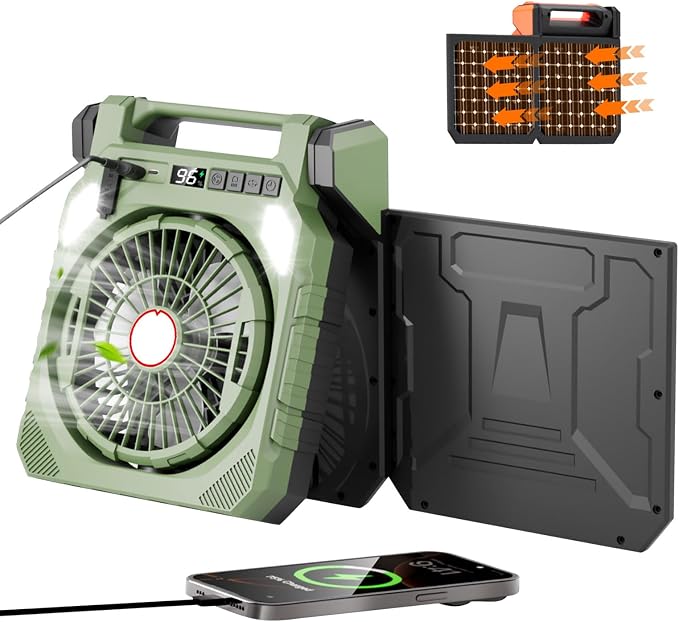 Solar Camping Fan, 25000mAh Dual-Panel Solar Powered Fan with LED Light, Portable Rechargeable Fan with 4 Speeds, 3-in-1 Multi-Function for Camping, Home, Travel & Outdoor Use