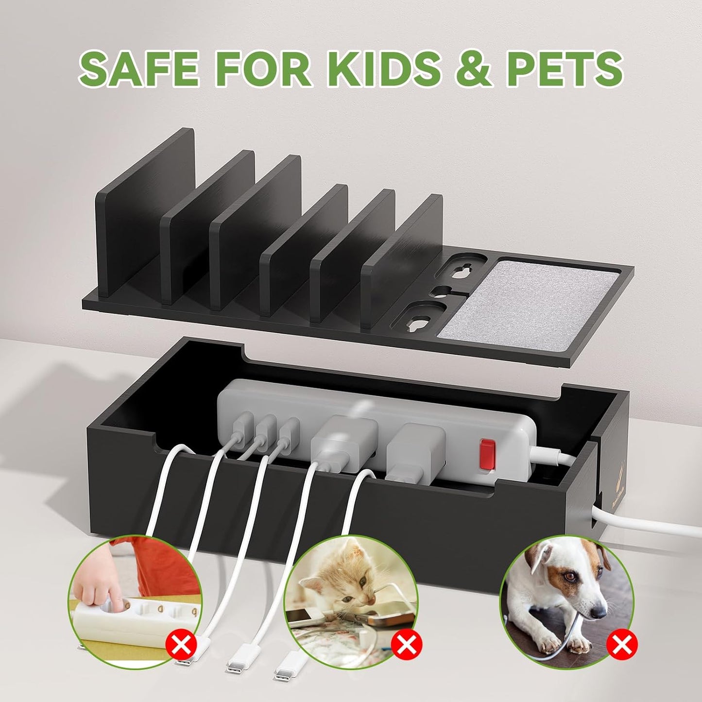 Pezin & Hulin Natural Bamboo Cable Management Box, Wire Organizers for Cords, Charge Station Box, Desktop Dock Organizer Rack for Electronic Device (Include 6 Cables)(No Power Adapter) -Black