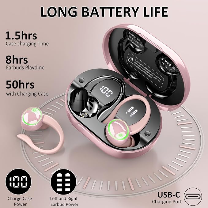 Matast Wireless Earbuds, Bluetooth Headphones Sports, Deep Bass Fitness Earphones Gym Running, Playback Over-Ear Buds with Noise Cancelling Mic, IP7 Waterproof