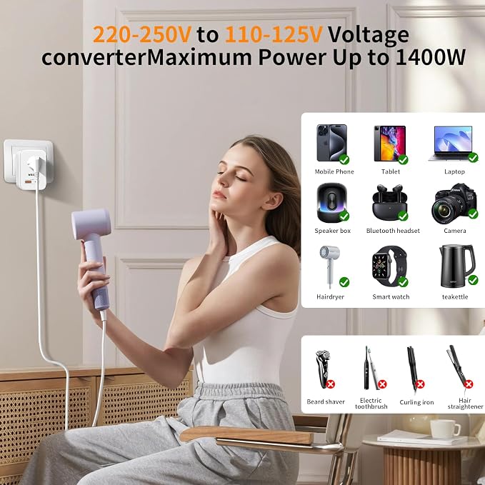 International Travel Adapter Voltage Converter to Step Down 230V to 120V for Hair straighteners, laptops, Cell Phones, Power converters from USA to UK, Europe, Australia Over 200