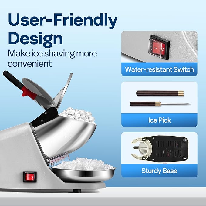 VIVOHOME Electric Ice Crusher Shaver Dual Blades Snow Cone Maker Machine Silver 173lbs/hr with Ice Pick for Home and Commercial Use