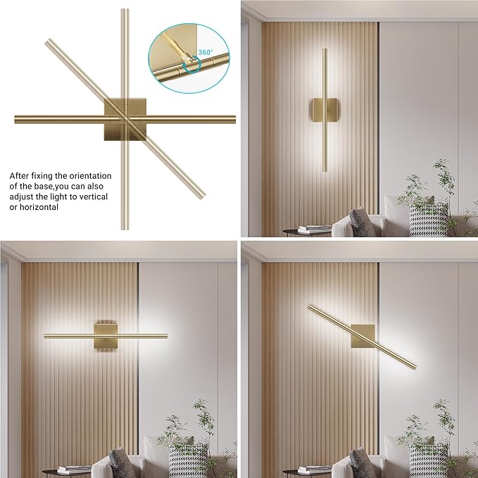 Tipace Modern Bathroom Light Fixtures,Hardwired Wall Sconces,360°Rotate,LED Brushed Brass Vanity Light Bar,5500K White Light Wall Wall Light Fixtures for Bathroom,Living Room,23.6 Inch