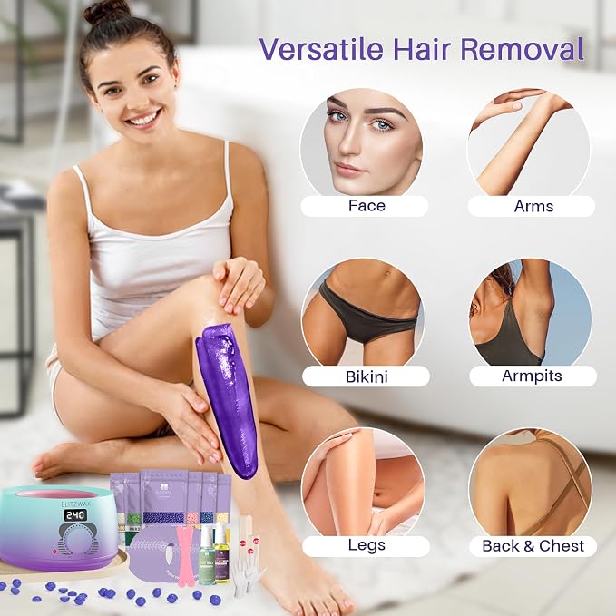 BLITZWAX Brazilian and Bikini Waxing Kit for Women, Hard Wax Warmer for Face, Legs, and Body, At Home Hair Removal Kit, Beginner Friendly, Quick Heating, 32pcs Wax Spatulas
