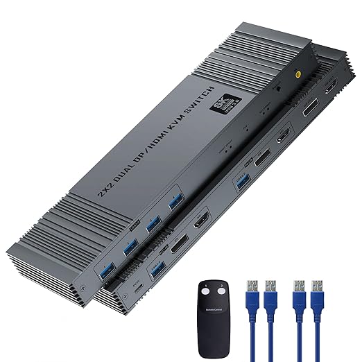 8K@60Hz HDMI+DP KVM Switch with 4-Port USB 3.0 Hub Dual HDMI Monitor KVM Switch for 2 Computers Supports Extended/Copy Mode, Keyboard & Mouse Sharing, Includes USB Cables & Remote Controller