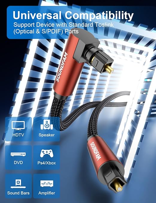 90-Degree Optical Audio Cable 6ft, 360° Swivel Right Angle Toslink Cable with Flexible Cotton Braid, Compatible with Soundbar, TV, PS5, Xbox, Home Theater for Lossless Audio