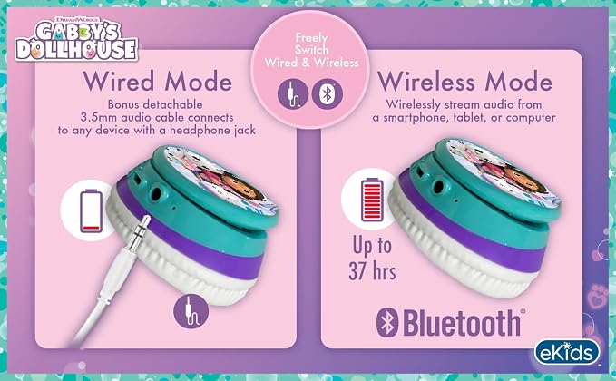 Gabbys Dollhouse Bluetooth Headphones for Kids, Wireless Headphones