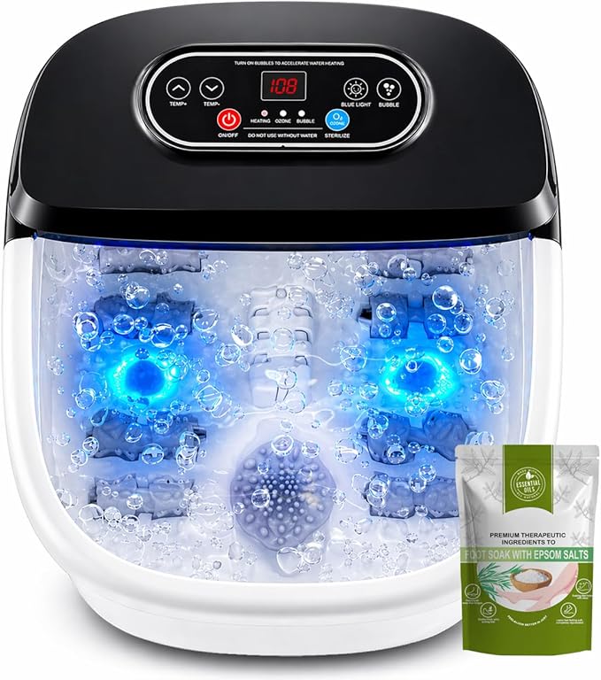 RIGHTMELL Foot Spa with Ozone & Blue Light, Bubble Massage & 8 Rollers, Adjustable Constant Temperature (95℉-118℉), Large Capacity Foot Massager with Epsom Salt for Home & Office Relaxation